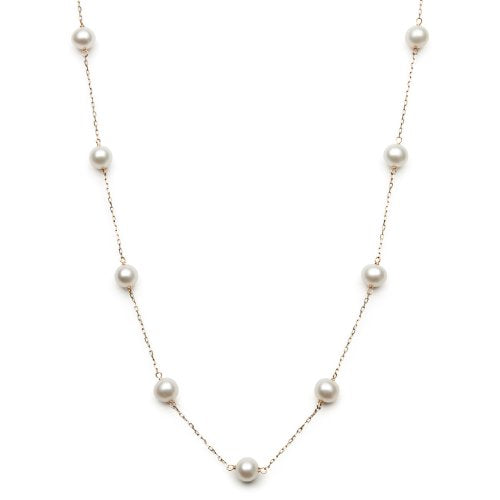 Belacqua White Cultured Freshwater Pearl Station Tin Cup Necklace in 10K Yellow Gold, Size 6MM-7MM, 18" Dainty Cable Chain, Real Pearl Jewelry for Women, Gift Box Included