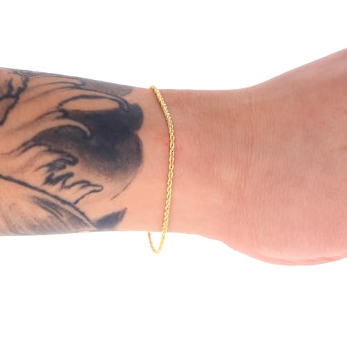 Nuragold 14k Real Yellow Gold Rope Chain Solid Diamond Cut Bracelet - 1.5mm - 9"