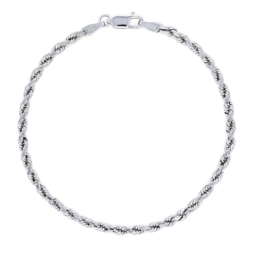 Nuragold 10k Real White Gold 3mm Rope Chain Diamond Cut Bracelet (7"-9") - 8"