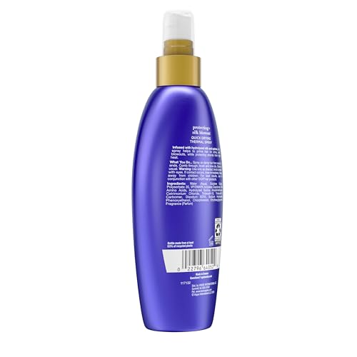 OGX Protecting + Silk Blowout Quick Drying Thermal Protection Spray, Heat Protectant Spray Shields Hair up to 450°F For Soft, Shiny Hair and Big, Beautiful Blowouts, Light Hold, 6 fl. oz