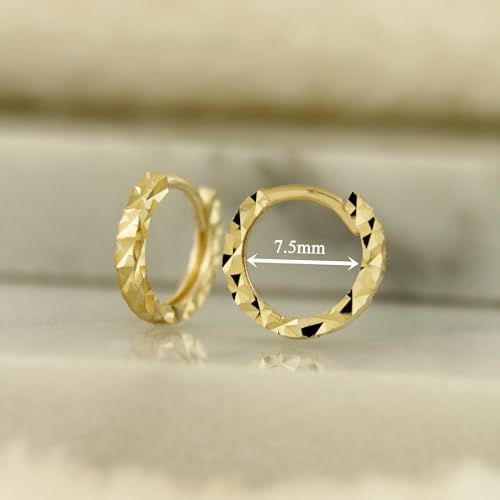 10K Solid Gold Dainty Huggie Hoop Earrings, Diamond Cut Real Gold Hoop Earrings, Small Huggie Hoops - Serena Sparkles (7.5mm Hoops)