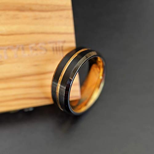 Pillar Styles Black and Gold Wedding Bands Unique 14K Yellow Gold Tungsten Rings for Men 8mm Black Beveled Edges Golden Groove Comfort Fit Ring for Him