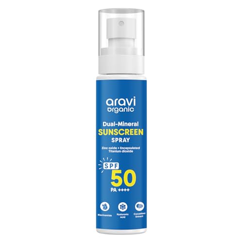 Aravi Organic Dual Mineral Sunscreen Spray Mist SPF 50 | Broad Spectrum | Water Resistant 80 Mi | Lightweight, No White Cast | Reef Safe + Oxybenzone Free | Zinc Oxide & Titanium Dioxide | 3.3 fl oz