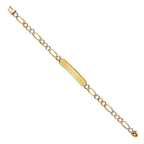 14k REAL Tri Color Gold Men's Diamond Cut Figaro ID Bracelet - 8"