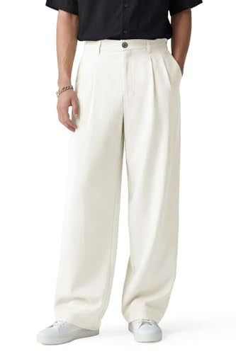 Heyfanee Mens Casual Dress Pants Loose Fit Wrinkle Free Chino Pants for Men Relaxed Fit Slacks White 34