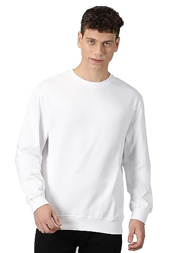 Klizzer Luxury Sweat Shirts, Men - Ultra Soft Men’s Fleece Pullover - 100% Cotton Sweatshirts - Warm Regular Fit - Plain Crewneck Top for Adults (White, L)