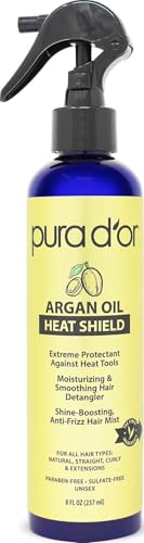 PURA D'OR 8 Oz Argan Oil Heat Shield Protectant Spray with Select Organic Ingredients, Protects Up To 450º F From Flat Iron & Hot Blow Dry, Leave-In, Define & Shine Dry & Damaged Hair