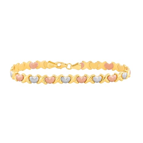 Floreo 14k Tri-Color Gold 5.7mm XOXO Heart Stampato Link Bracelet, 7.25 Inch