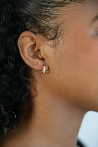 CZ Huggie Hoop Earrings, 10k Solid Yellow Gold, Dainty Cubic Zirconia Hoops 11mm, Minimalist Earrings for Women