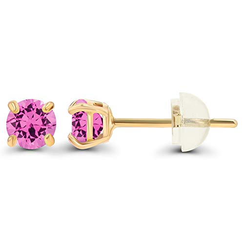 Genuine 10K Solid Yellow Gold 3mm Round Created Pink Sapphire Birthstone Stud Earrings For Women