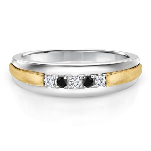 Gem Stone King White Lab Grown Diamond and Black Diamond Satin Finish Wedding Band Ring for Men | 925 Sterling Silver and 10K Yellow Gold | 0.18 Cttw | Size 10