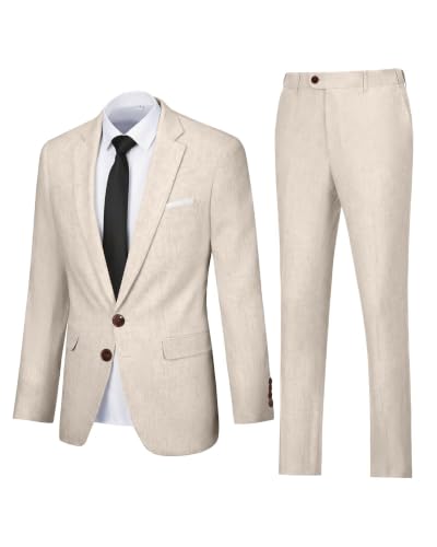 Retro Linen Mens Suit 2 Pieces Light Weight Linen Suit Summer Slim Fit Suits Tuxedo Jacket Blazer Pant for Men Beige M