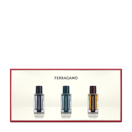 FERRAGAMO Pour Homme 3 Piece Mini Gift Set for Men: Eau de Toilette, Intense Leather Eau de Parfum, Spicy Leather Eau de Parfum - 3 x Deluxe Miniature 0.17 Fl. Oz.