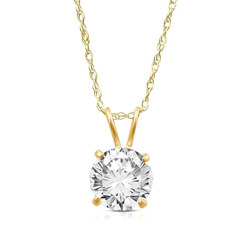 Jewelili 10K Yellow Gold Solitaire Pendant Necklace for Women | Dainty Round Cut White Cubic Zirconia Gold Necklace 8.0MM (2.0 CTW) | 18" Rope Chain | Birthday Gift for Her | Gift Box Included