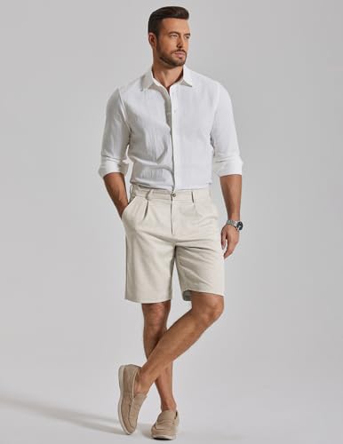 COOFANDY Men's Casual Shorts Pleated Front 9 Inch Inseam Linen Textured Business Dress Dressy Shorts Beige Cream