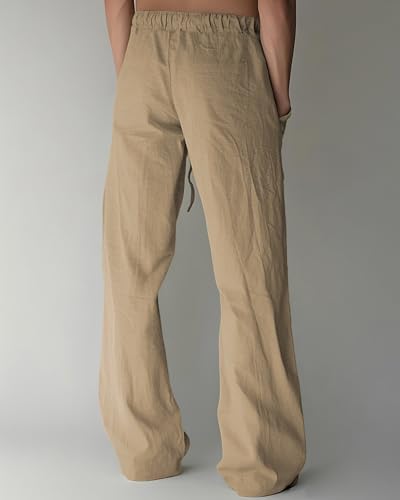 BUXKR Men's Linen Pants Beach Casual Cotton Summer Lightweight Elastic Waist Drawstring with Deep Pockets Coffee