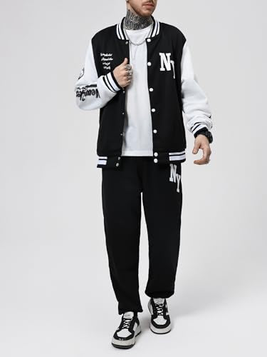 SOLY HUX Men's Tracksuit 2 Piece Outfits Color Block Letter Graphic Long Sleeve Varsity Jacket and Pants Set Black and White Letter Medium
