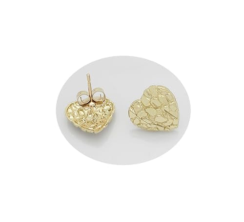 10K Yellow Gold Diamond Cut Nugget Heart Earrings 10 mm