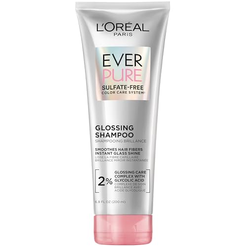 L’Oreal Paris Sulfate Free Glossing Shampoo with Glycolic Acid, Provides Intense Glass Hair Shine, Smoothness & Soft Feel, Suitable for Dull, Dry, and Color-Treated Hair, EverPure, 6.8 Fl Oz