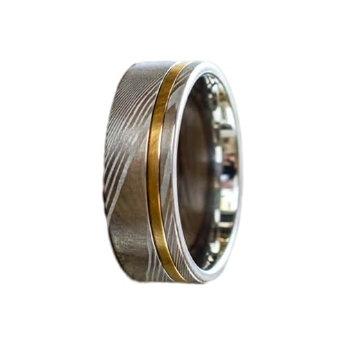 Silver Damascus Ring 14K Gold Mens Wedding Band Damascus Steel Ring with Yellow Gold Inlay 8mm Unique Two Tone Engagement Bands