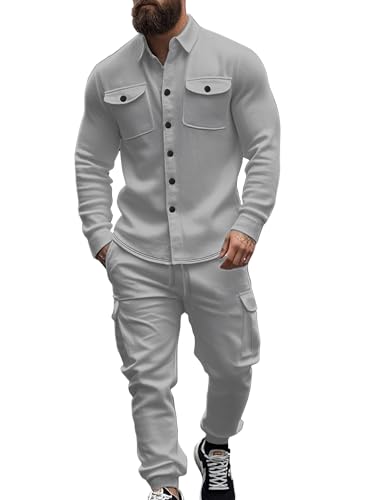 Men's Fleece Cargo Jacket Tracksuit Set 2 Pieces Solid Color Long Sleeve Button up Jacket and Cargo Pants Set Light Grey