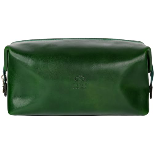 Time Resistance Leather Toiletry Bag - Italian Cosmetic Case Dopp Kit (Green)
