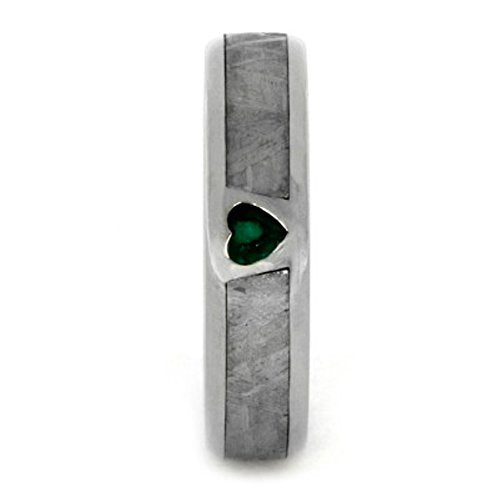 The Men's Jewelry Store (Unisex Jewelry) Created Emerald, Gibeon Meteorite 14k White Gold Ring and Green Box Elder Burl Wood Titanium Band, Couples Ring Set, M13.5-F8