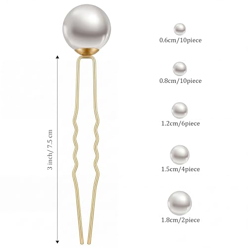 Charonle 32 Pcs Wedding Pearl Hair Pins, Mixed Size Bridal Hair Accessories with Rhinestone, U Shape Barrette, Bobby Pins for Bride Bridesmaid Prom Updo(Gold)