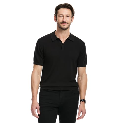 SAKS Fifth Avenue Men's Short Sleeve Rib Knit Sweater Polo, Premium Cotton Blend Knit Top, Classic-Fit & Richly Detailed, Black, XL