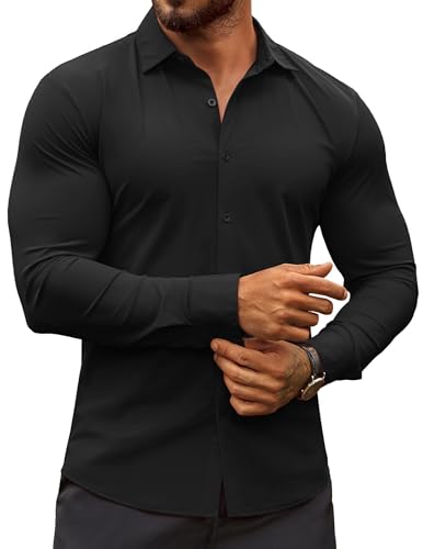 COOFANDY Men's Dress Shirts Long Sleeve Casual Shirt Stretch Muscle Fit Shirt Black