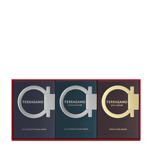 FERRAGAMO Pour Homme 3 Piece Mini Gift Set for Men: Eau de Toilette, Intense Leather Eau de Parfum, Spicy Leather Eau de Parfum - 3 x Deluxe Miniature 0.17 Fl. Oz.