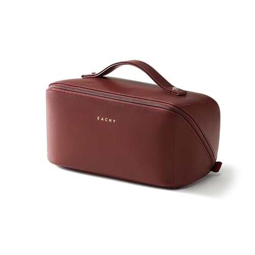 EACHY Travel Makeup Bag for Women, Flat Open Cosmetic Bag, Red, Medium