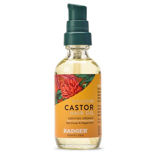 Badger Organic Castor Hair Oil for Thicker Fuller Looking Hair, 100% Organic Castor Oil for Hair Growth & Restoration, Red Clover & Peppermint, Deep Hydrating Hair Oil, 2 fl oz Glass Bottle