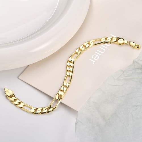 Porment 7mm Diamond-Cut Figaro Bracelet 14K Gold Link Bracelets Simple Trendy Non-tarnish Waterproof Gold Bracelets for Women and Men Fashion Accessories Jewelry Gift Unisex Lifetime Quality