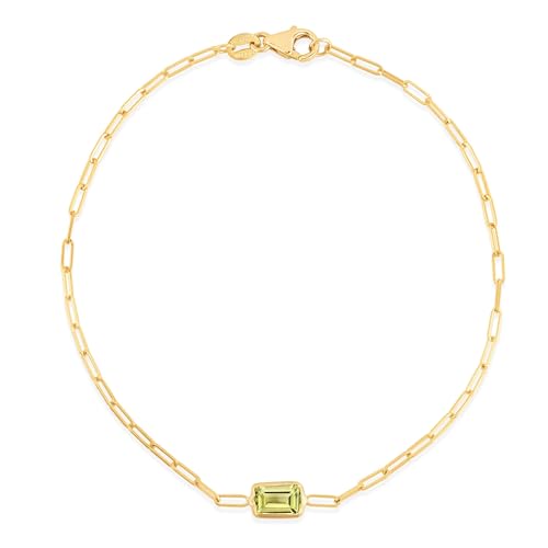 Floreo 14k Yellow Gold 1.5mm Paperclip Peridot Gemstone Chain Bracelet 7 Inch