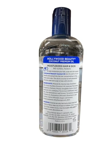 Hollywood Beauty Coconut Hair Oil, 8oz Bottle, Moisturizes Hair & Skin, Replenishes Important Hair Lipids, Body & Massage Oil, Helps Releve Scalp Dryness, Reduces Dandruff