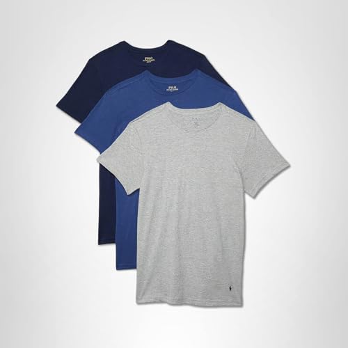 POLO RALPH LAUREN W/Wicking 3-Pack Crew Undershirts for Men Offers Cotton Fabric, Straight Hemline Andover Heather/Bali Blue/Cruise Navy LG One Size