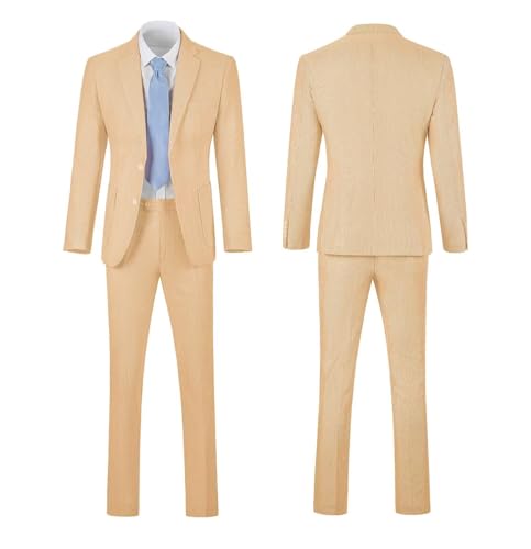 Seersucker Slim Suits Men Formal Summer Beach Wedding Grooms 2 Piece Blazer Pants Party Striped Suit Orange S
