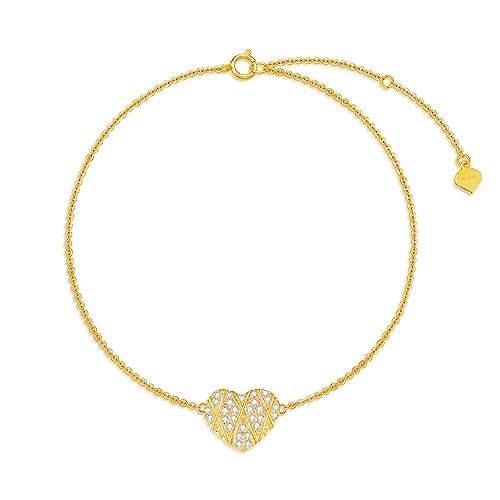 SISGEM 10k Gold Heart Anklets for Women, Real 10kt Gold Created Moissanite love Ankle Bracelet for Her, 9.4-11.0 Inches
