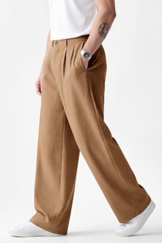 Heyfanee Mens Casual Dress Pants Loose Fit Wrinkle Free Trousers for Men Relaxed Fit Chinos Khaki 34