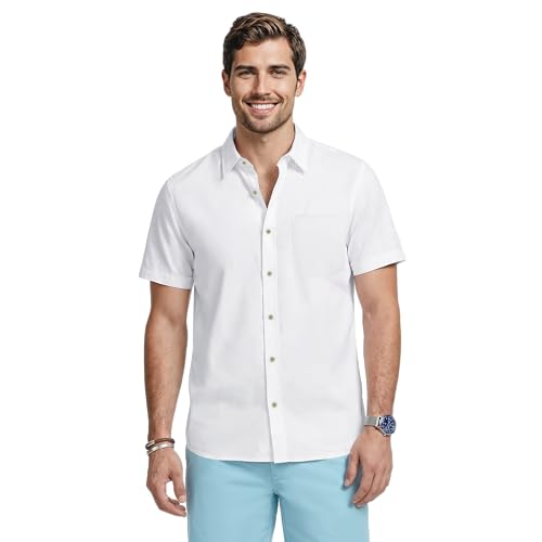 Izod Men's Luxury Classics Short Sleeve Solid Button Down Shirt, Bright White, X-Large