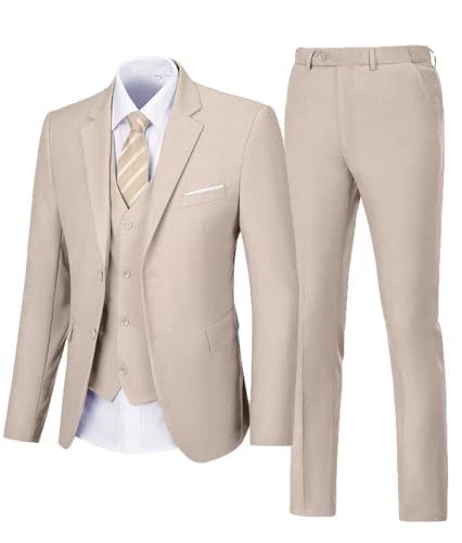 Men's 3 Piece Suit 2 Button Business Wedding Prom Slim Fit Suits Blazer Formal Tuxedo Vest & Trousers Light Champagne