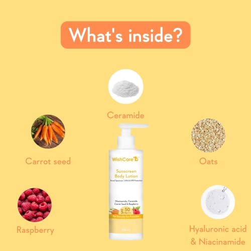 WishCare Sunscreen Body Lotion with SPF 50 PA+++ - Broad Spectrum UVA & UVB Protection, No White Cast, Enriched with Carrot Seed & Raspberry - Body Sunscreen Lotion 200ml (Indian Version)