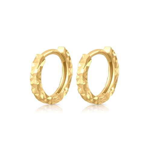 10K Solid Gold Dainty Huggie Hoop Earrings, Diamond Cut Real Gold Hoop Earrings, Small Huggie Hoops - Serena Sparkles (7.5mm Hoops)