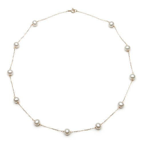 Belacqua White Cultured Freshwater Pearl Station Tin Cup Necklace in 10K Yellow Gold, Size 6MM-7MM, 18" Dainty Cable Chain, Real Pearl Jewelry for Women, Gift Box Included
