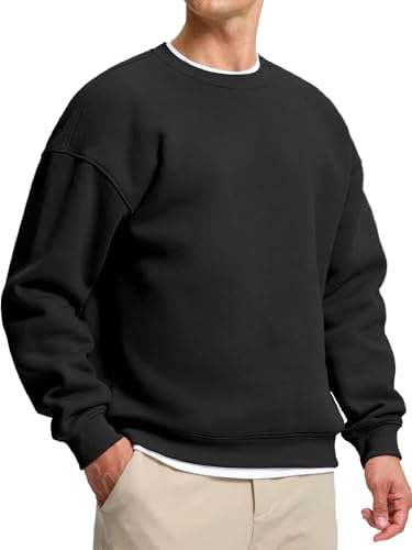 Soothfeel Mens Fleece Lined Crewneck Sweatshirt Cotton Pullover Sweater Athletic Workout Casual Oversized Warm Shirts for Men Black M