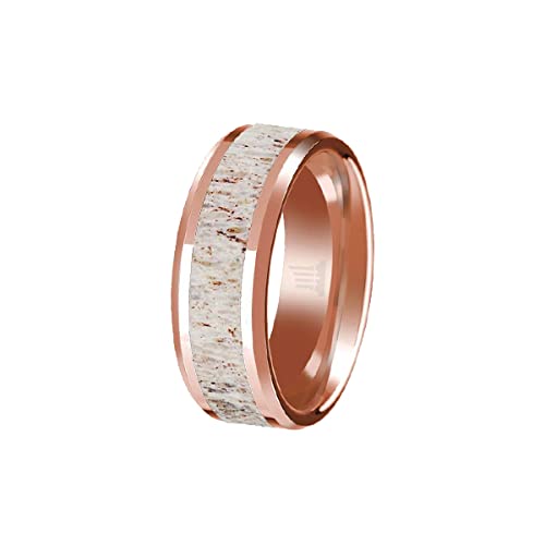 14K Rose Gold Tungsten Rings for Men Deer Antler Ring with Beveled Edges Rose Gold Wedding Band Stag Elk Rustic Anniversary Gifts for Him Promise Engagement Bands