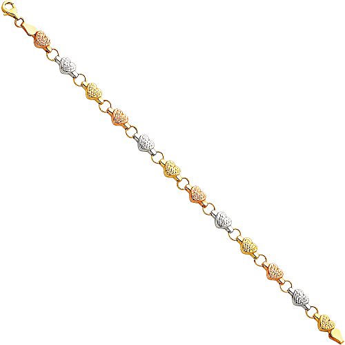 14k REAL Tri Color Gold Diamond Cut Stampato Heart Bracelet with Lobster Claw Clasp - 7"
