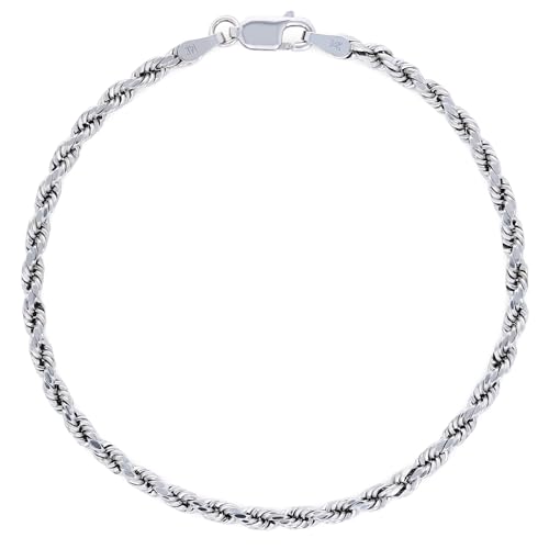 Nuragold 14k Real White Gold 3mm Rope Chain Diamond Cut Bracelet (7"-9") - 8.5"