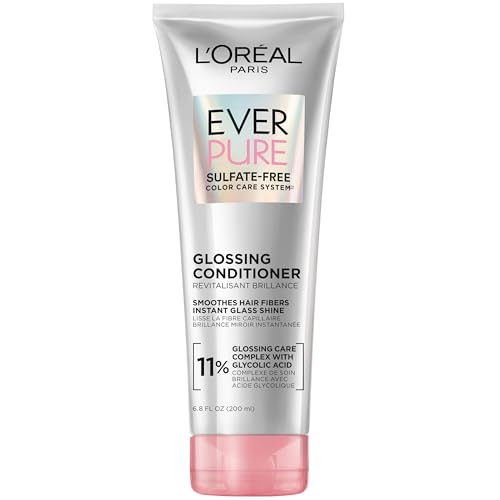 L’Oreal Paris Sulfate Free Glossing Conditioner with Glycolic Acid, Provides Intense Glass Hair Shine, Smoothness & Soft Feel, Suitable for Dull, Dry, and Color-Treated Hair, EverPure, 6.8 Fl Oz